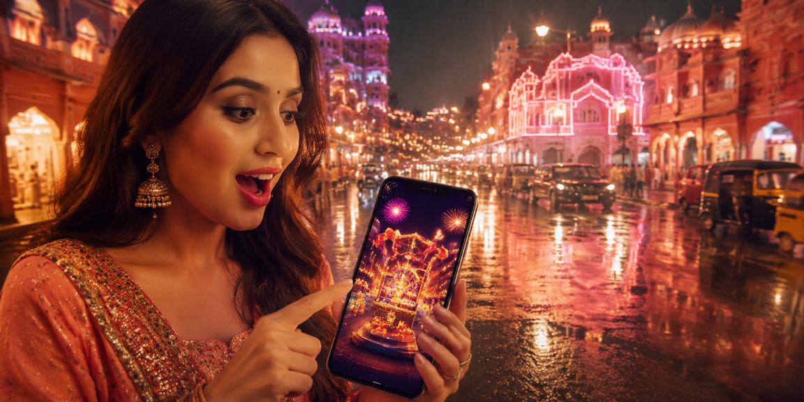 Mobile phone displaying slot machine interface in an Indian night market